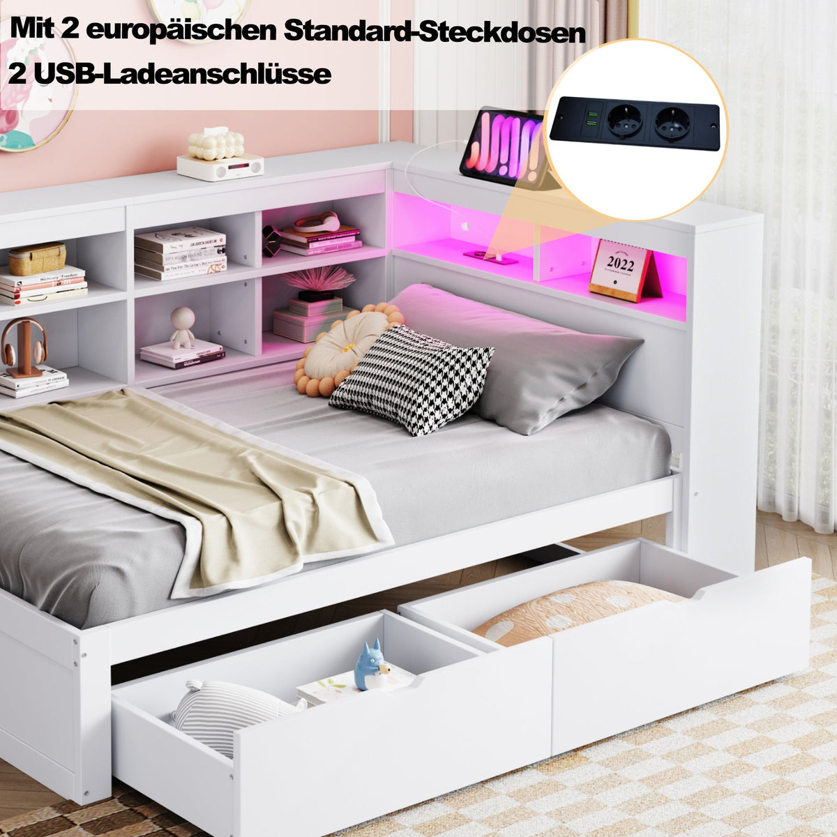 Solid Wood Sofa Bed 90x200cm Multifunctional USB/LED Storage, White
