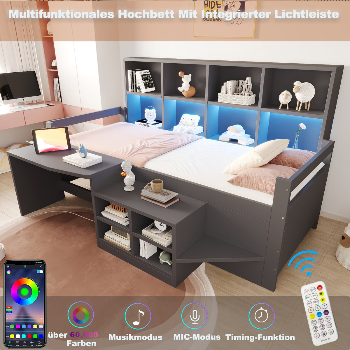 Children's Bed 90x200cm with Desk & LED Light, Solid Wood, Grey