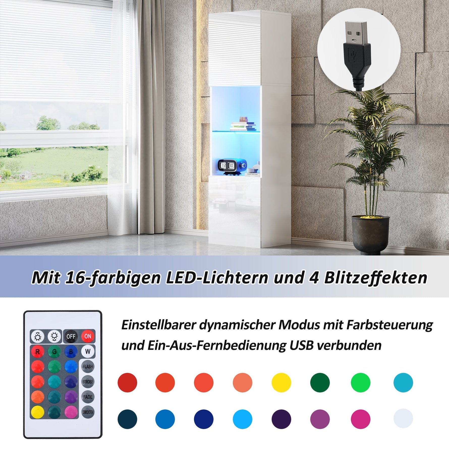 Display Cabinet with LED Lighting, 1 Glass Shelf, 45x35x160 cm, High-Gloss White