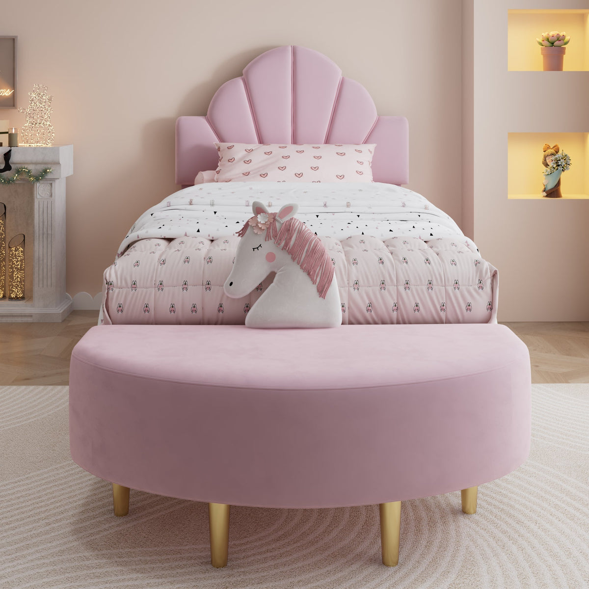 Upholstered Single Bed 90x200cm Velvet Headboard Matching Bench - Pink Velvet