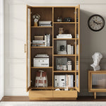 Glass Display Cabinet, Offset Shelves Push-To-Open Drawers, Wood Color