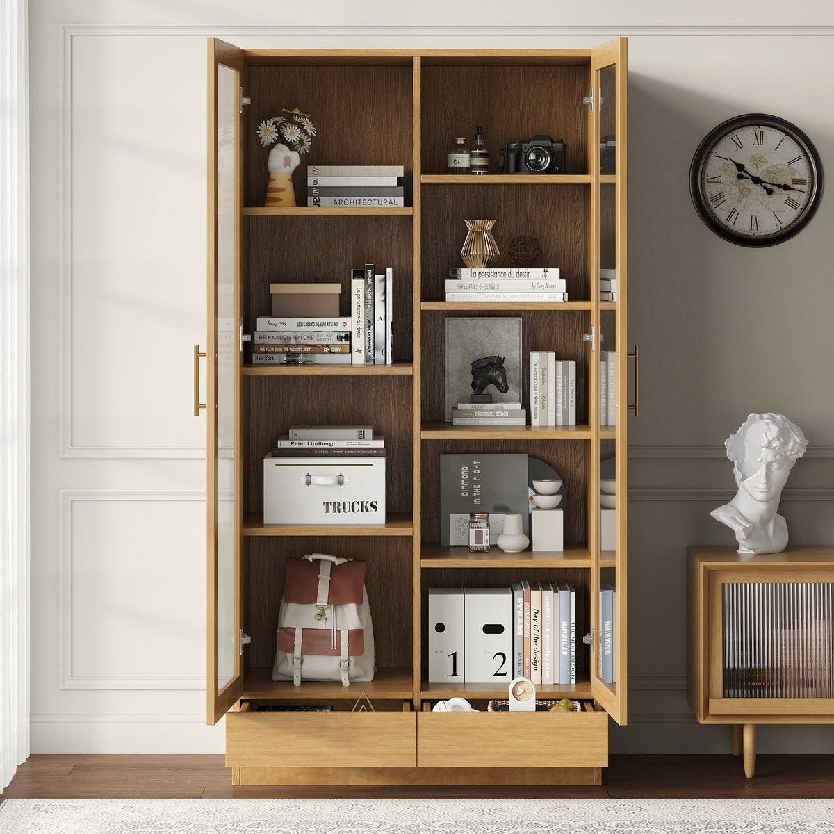 Glass Display Cabinet, Offset Shelves Push-To-Open Drawers, Wood Color