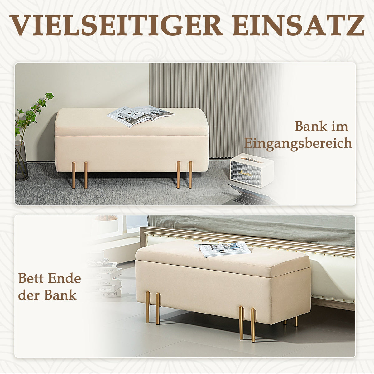 Bench with storage, upholstered velvet, wooden legs, 100 x 40 x 42 cm, beige