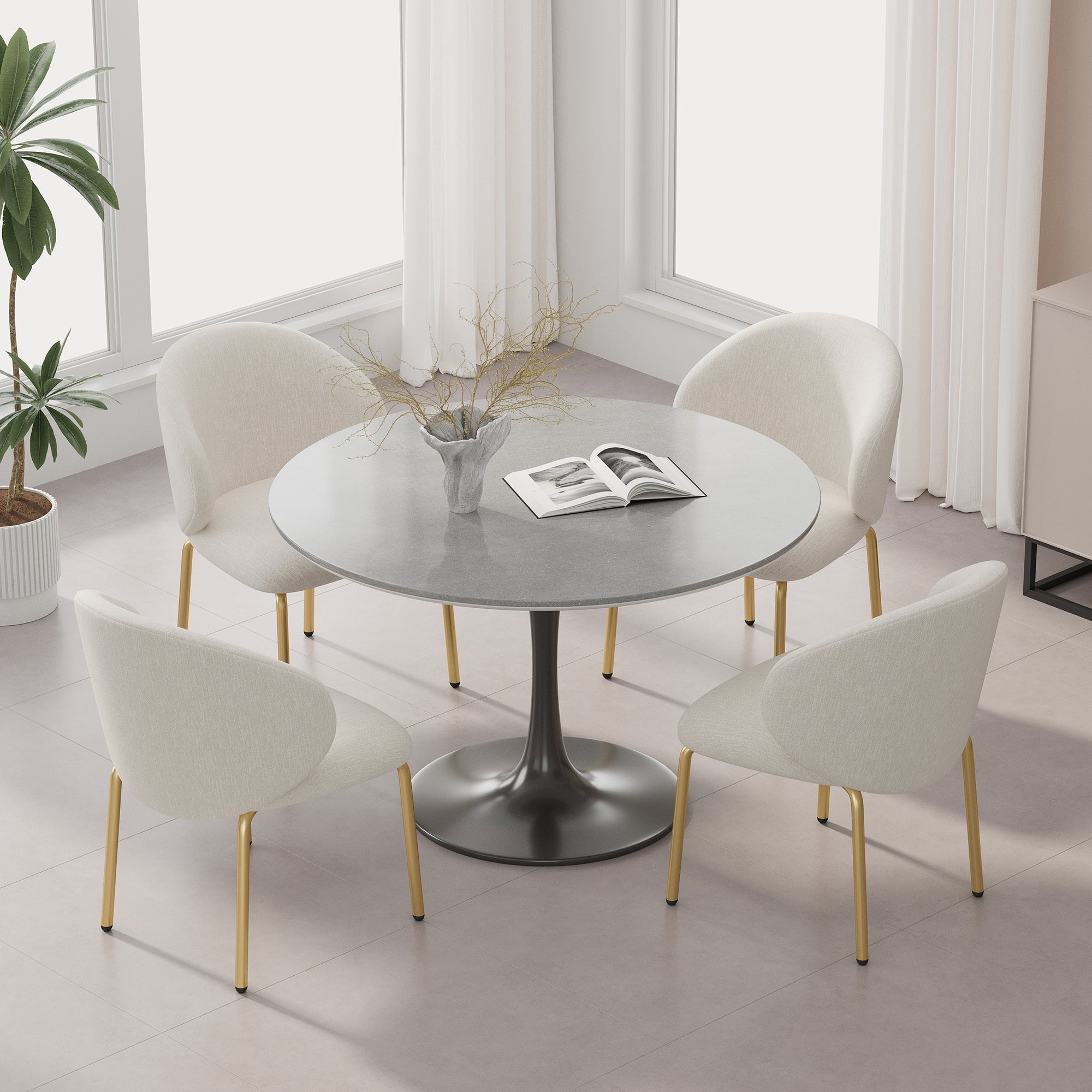 Dining Chairs Set of 4 with Gold Legs, Beige Chenille