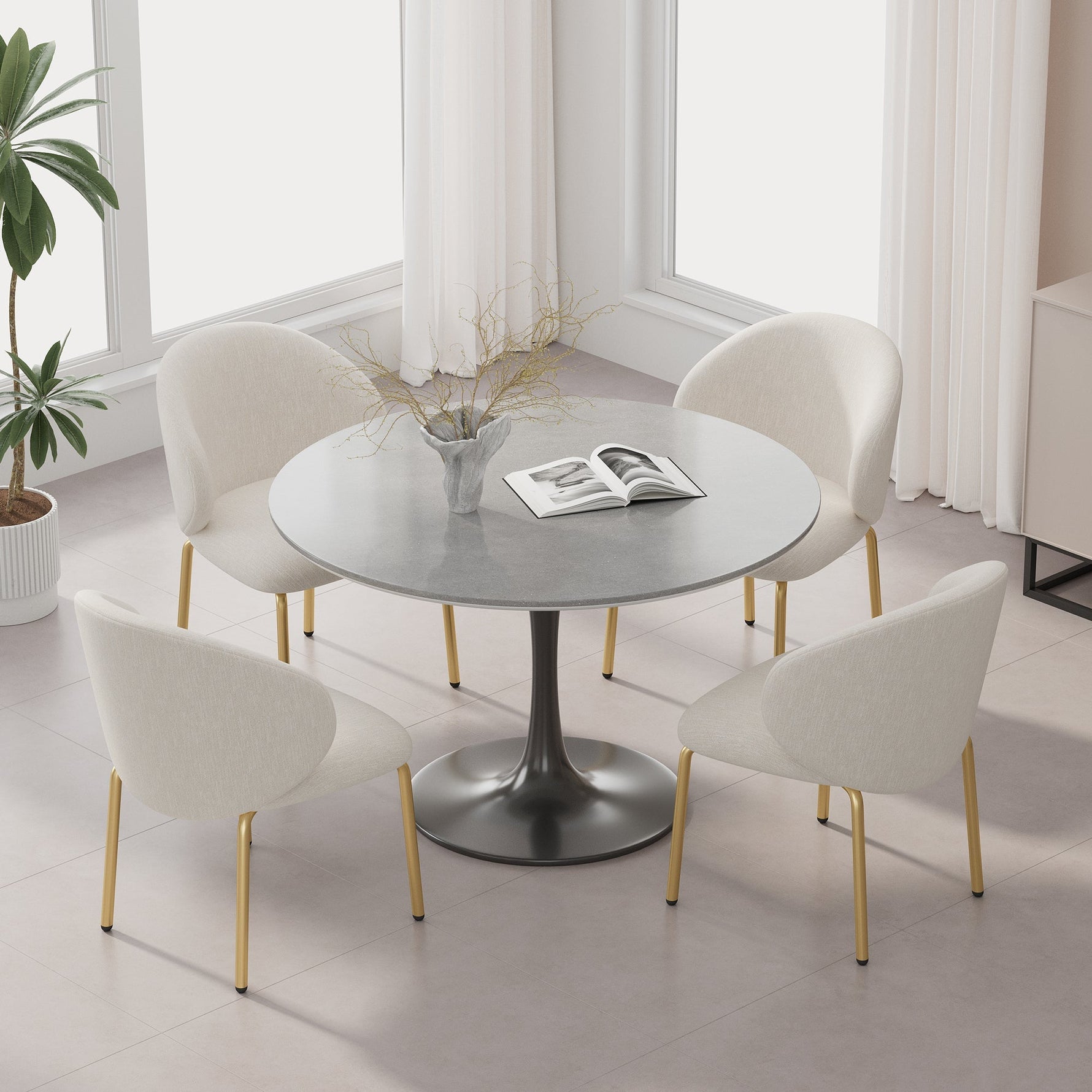 Dining Chairs Set of 4 with Gold Legs, Beige Chenille