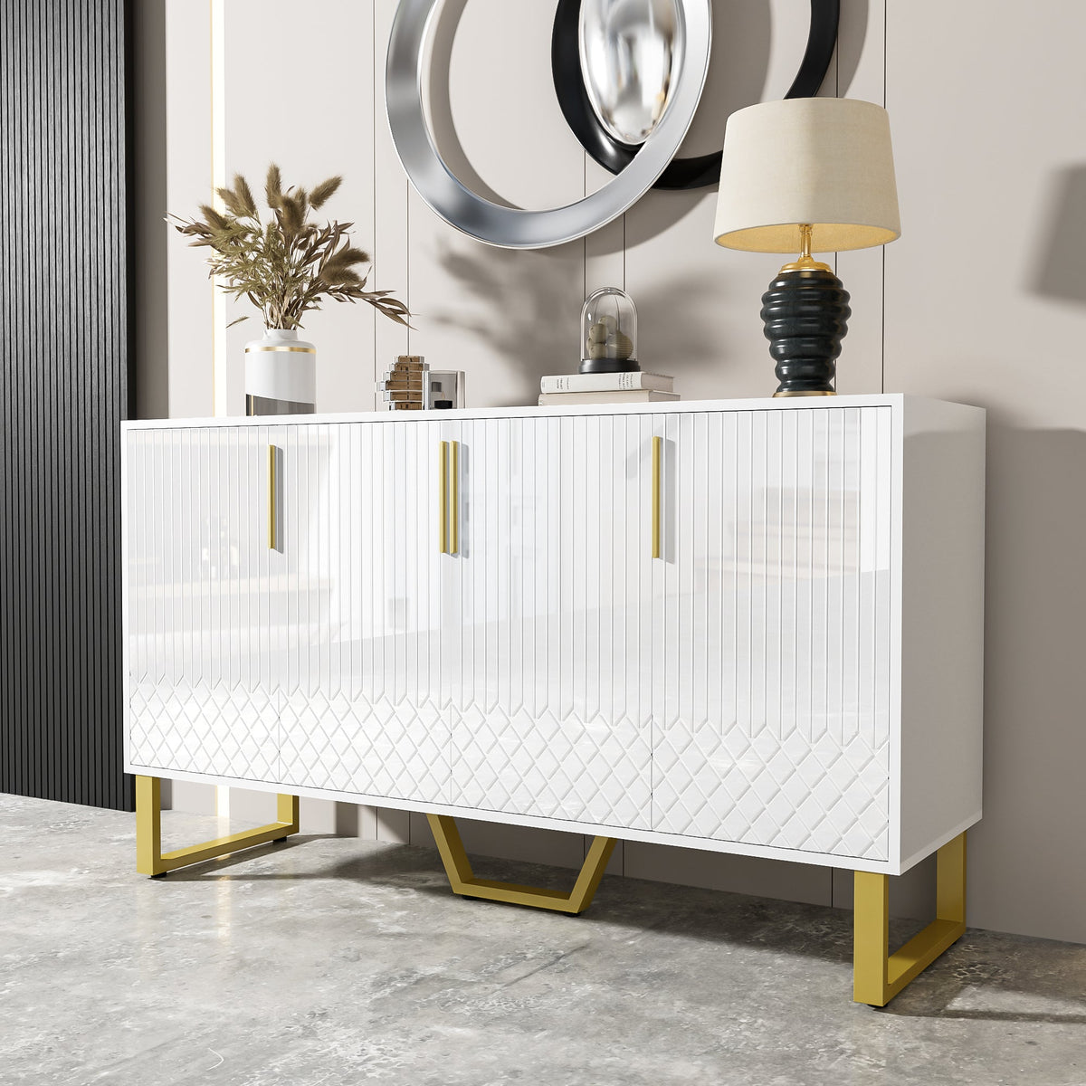 High-gloss Sideboard, 4 Doors, Metal Handles & Legs, White