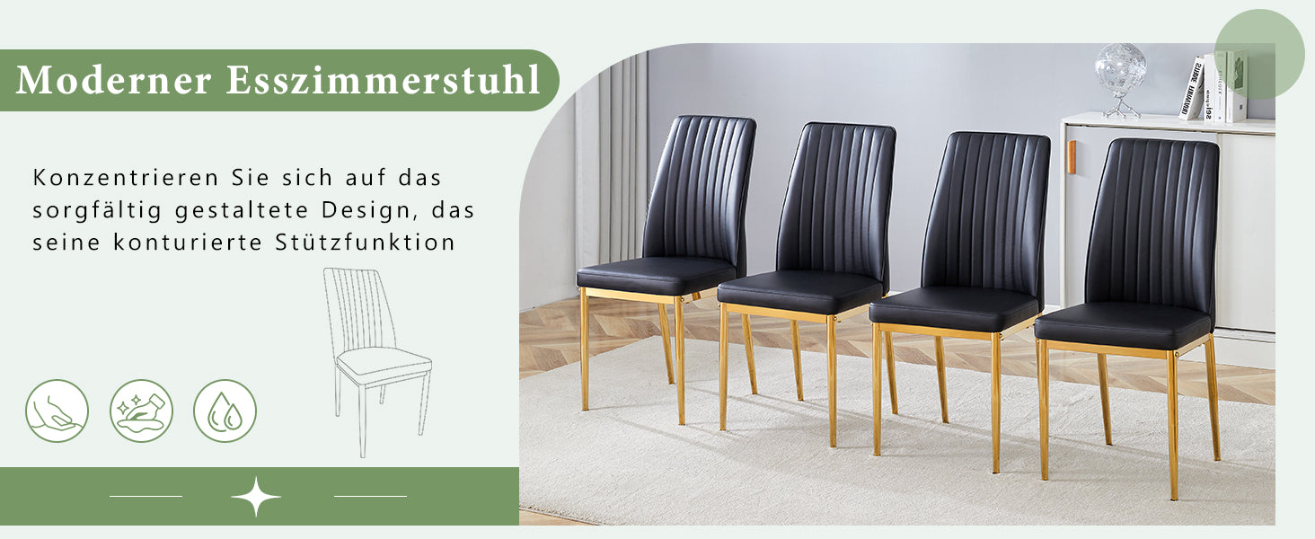Dining Chair Set 4-Piece Golden Metal Legs PU Leather - Black