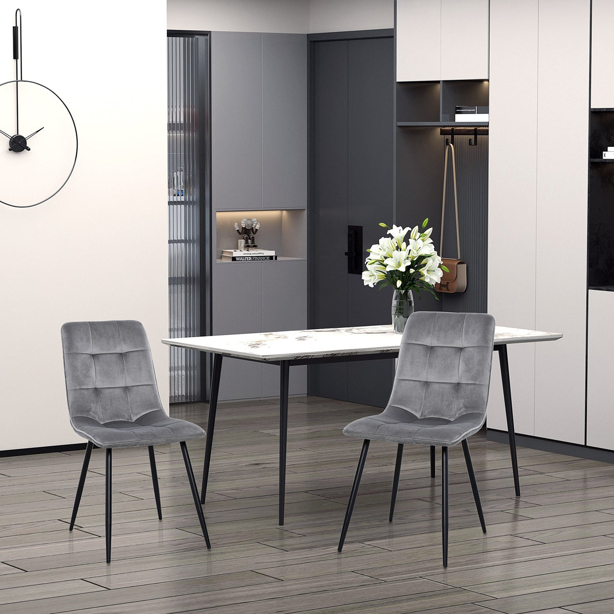 Dining Chairs, Set of 2 Upholstered Kitchen Chairs, Grey Black Metal