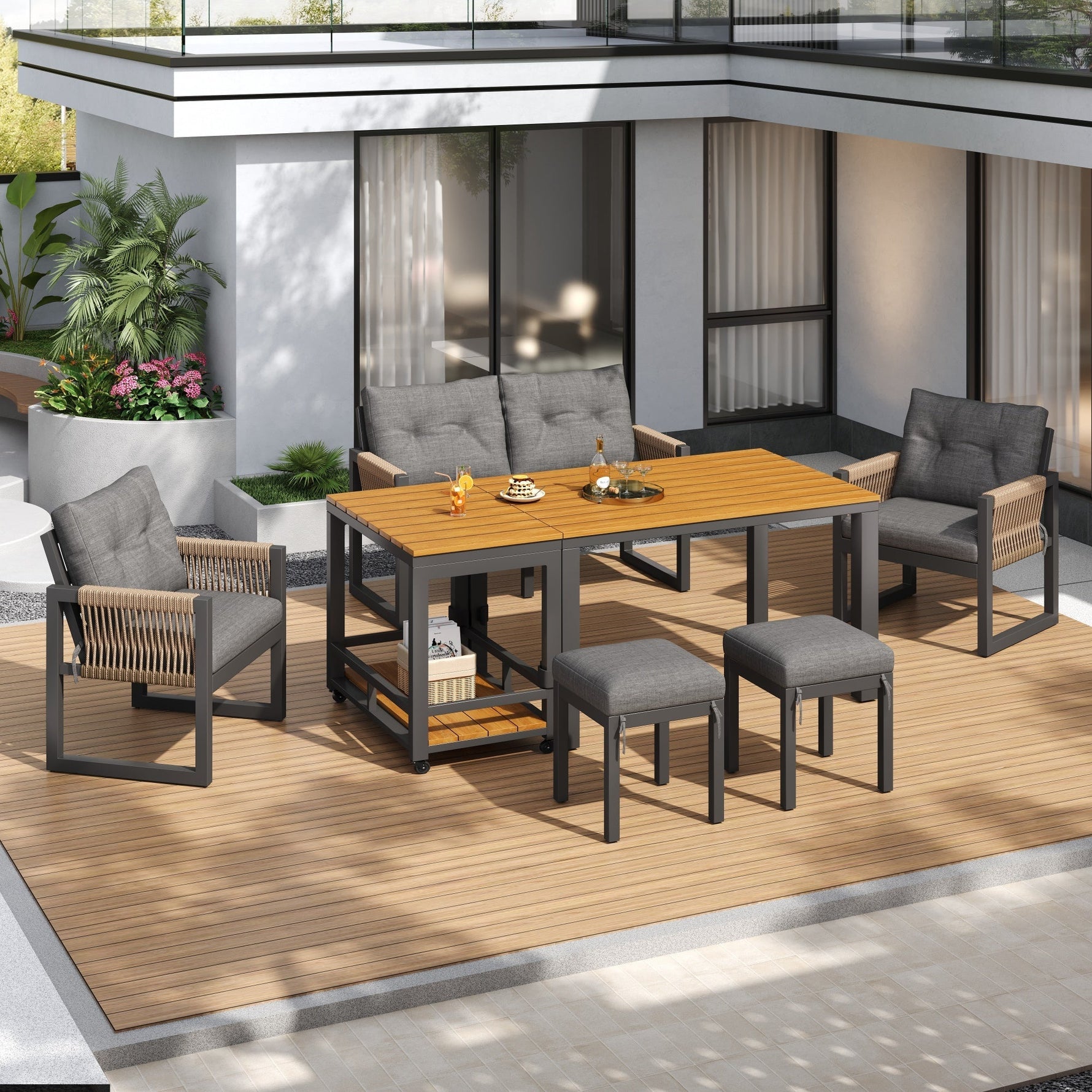 Outdoor Sofa Set with Woven Armrests, Cushions and Multifunctional Table, Iron Frame