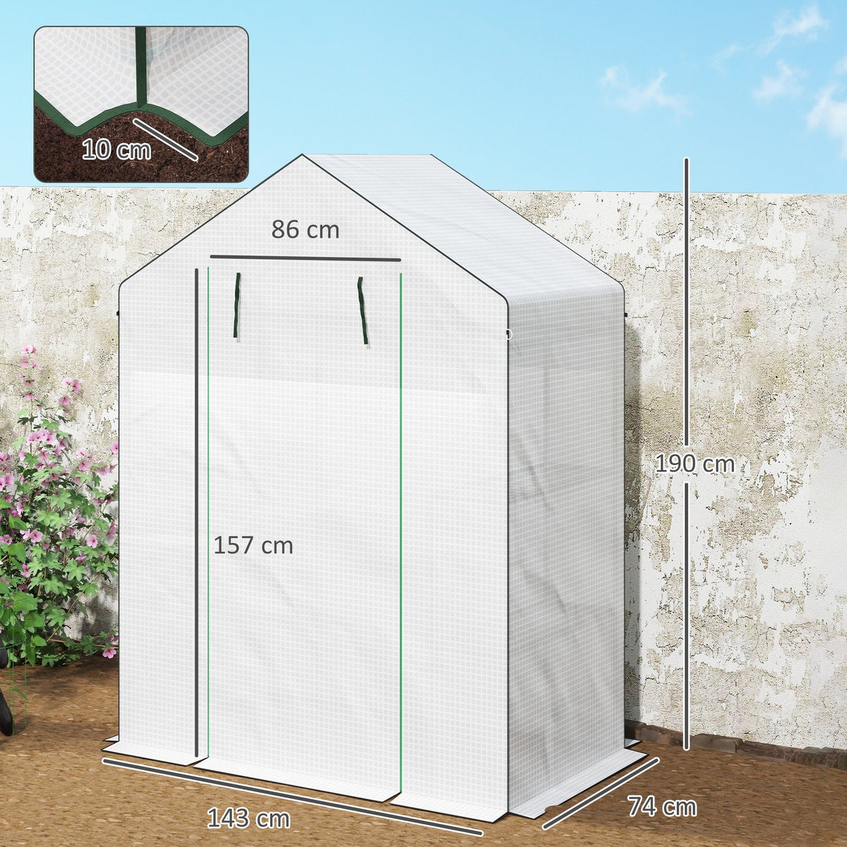 Greenhouse, Roll-Up Door, Window, Shelves, 143x74x190cm, White