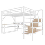 Loft Bed with Desk, LED Lighting and Storage Staircase, 140 x 200 cm, White