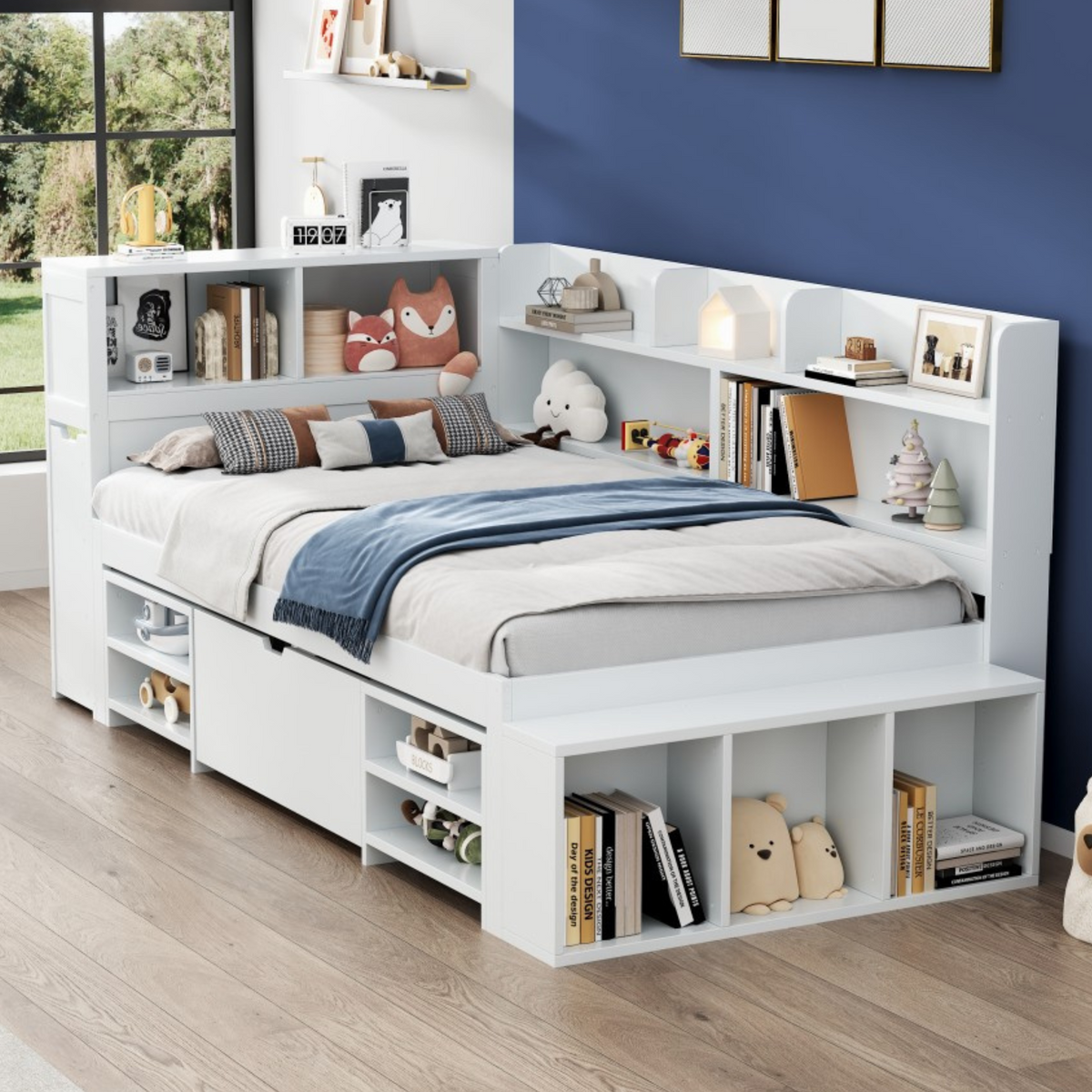 Children's Bed 90x200cm with Drawers & Bookshelf, White