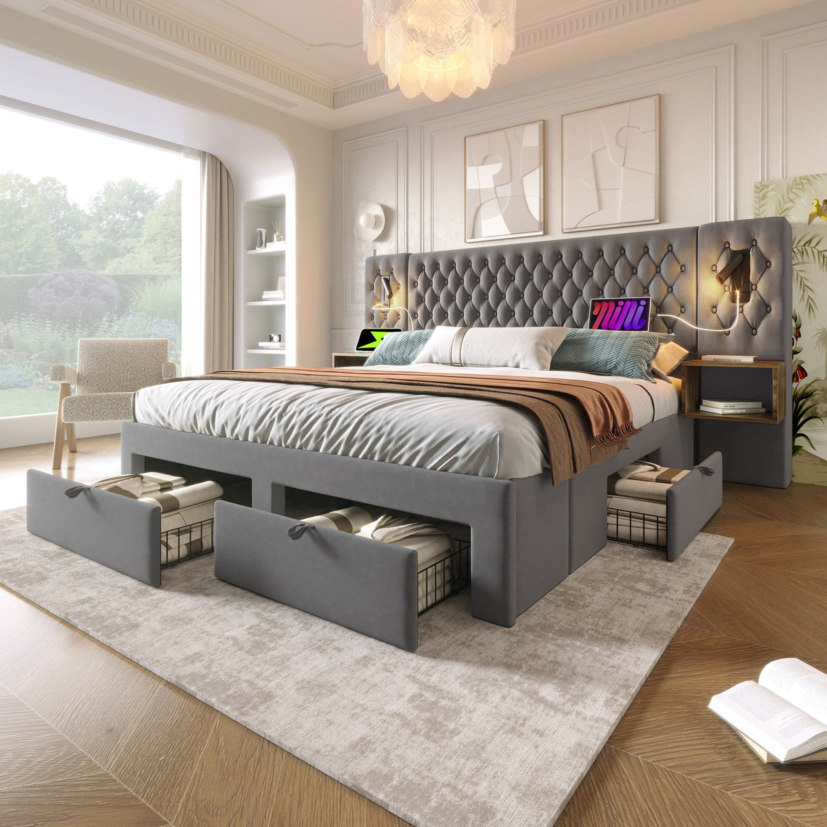 Complete Bedroom Bed Set with 2 Bedside Tables, 4 Drawers, USB and Reading Light, 180x200cm, Grey Velvet