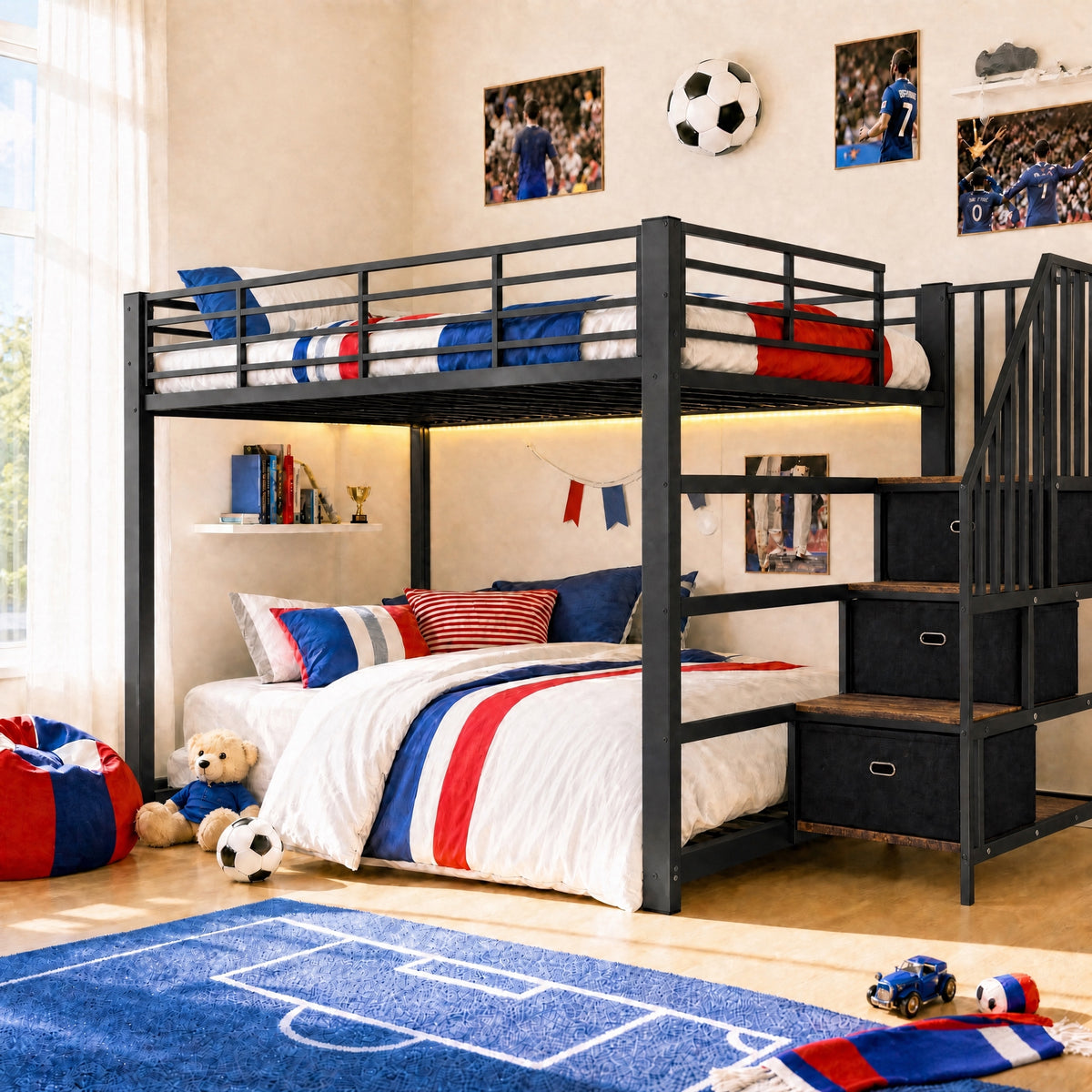 Metal Bunk Bed 140x200cm with Storage Stairs & LED Light, Black