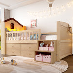 Mid-Height House Bed 90x200cm with Drawers & LED, Natural Wood