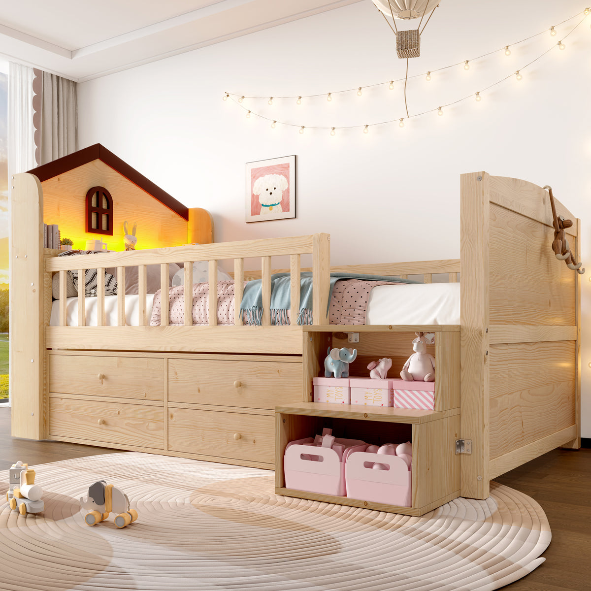 Mid-Height House Bed 90x200cm with Drawers & LED, Natural Wood