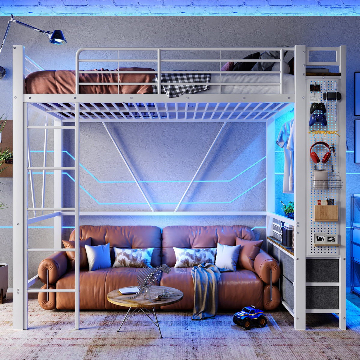 Loft Bed 90x200cm 4 Drawers USB/Type-C LED Pegboard Drying Rack - White Iron Frame