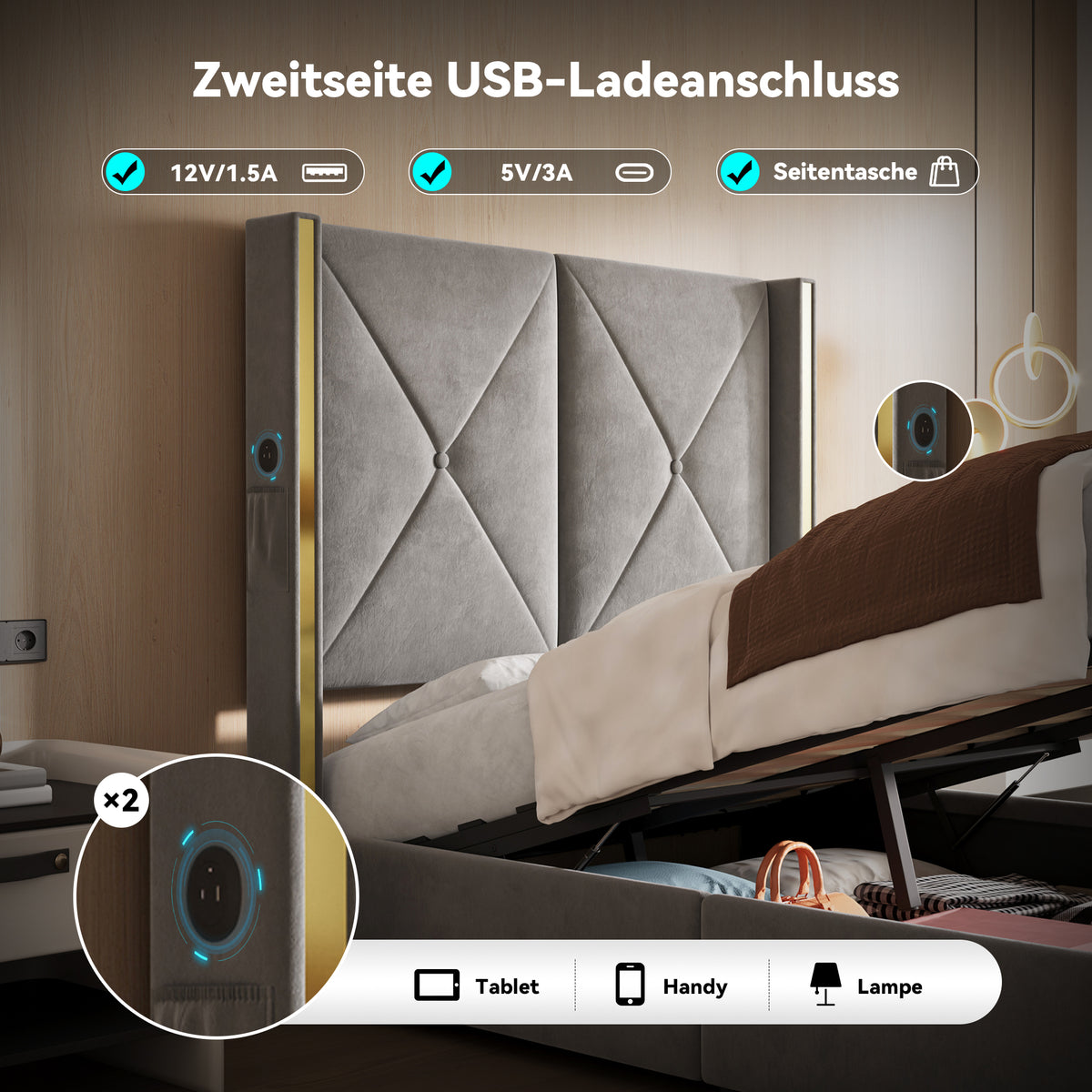 Storage Bed 90x200cm with LED, USB & Hydraulic Storage, Velour
