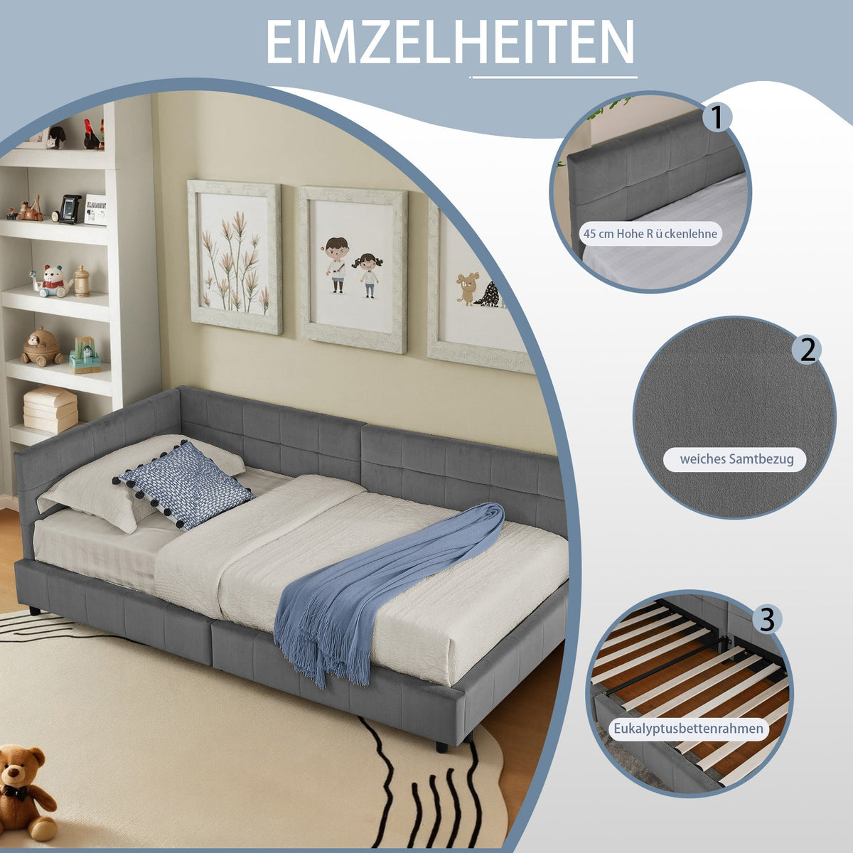 Single Bed 90x200cm High Backrest Velvet Dark Grey