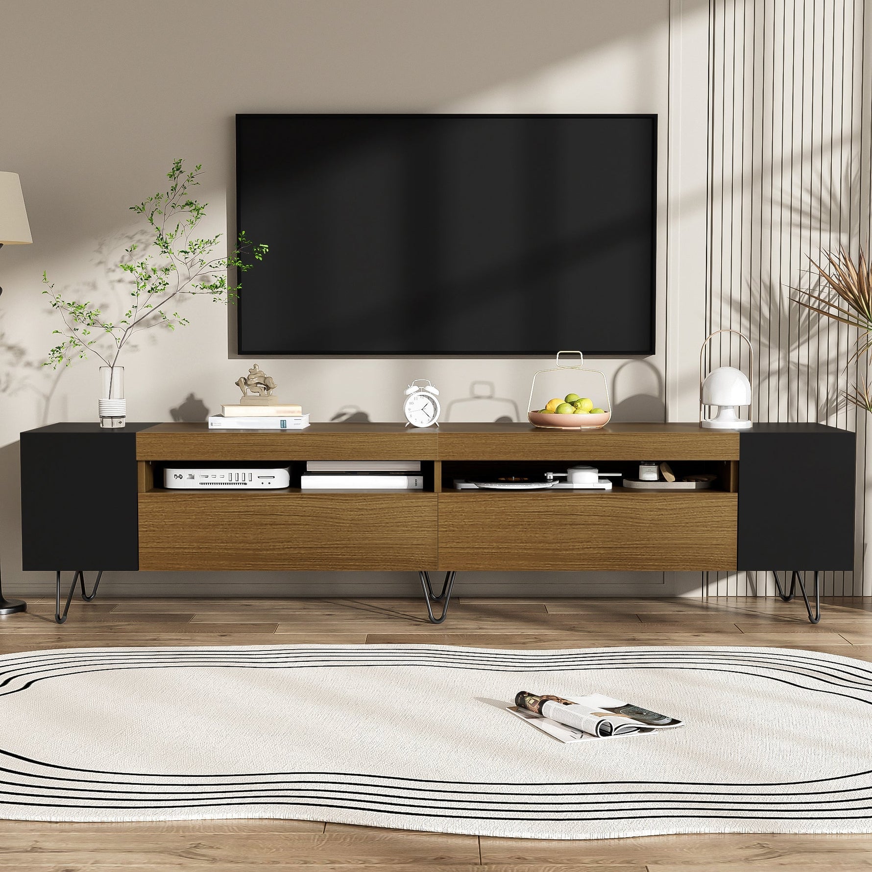 Modern TV Cabinet 180cm, Black and Wood Look