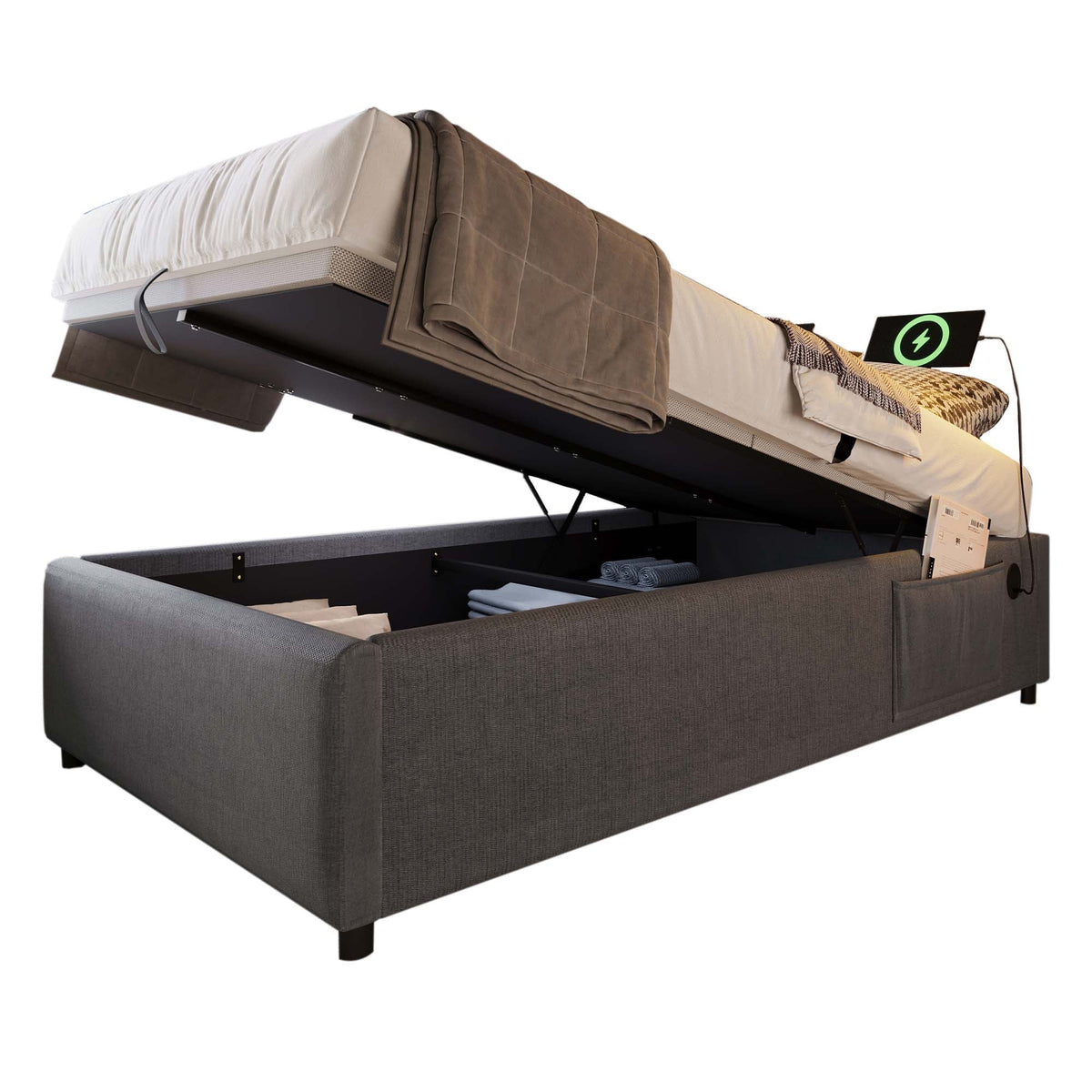 Upholstered Single Bed, 90x190 cm with USB-C, Grey Cotton