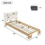 Upholstered Bed, Padded Headboard with Velcro and Sturdy Slatted Base, Pine and Plywood, Natural