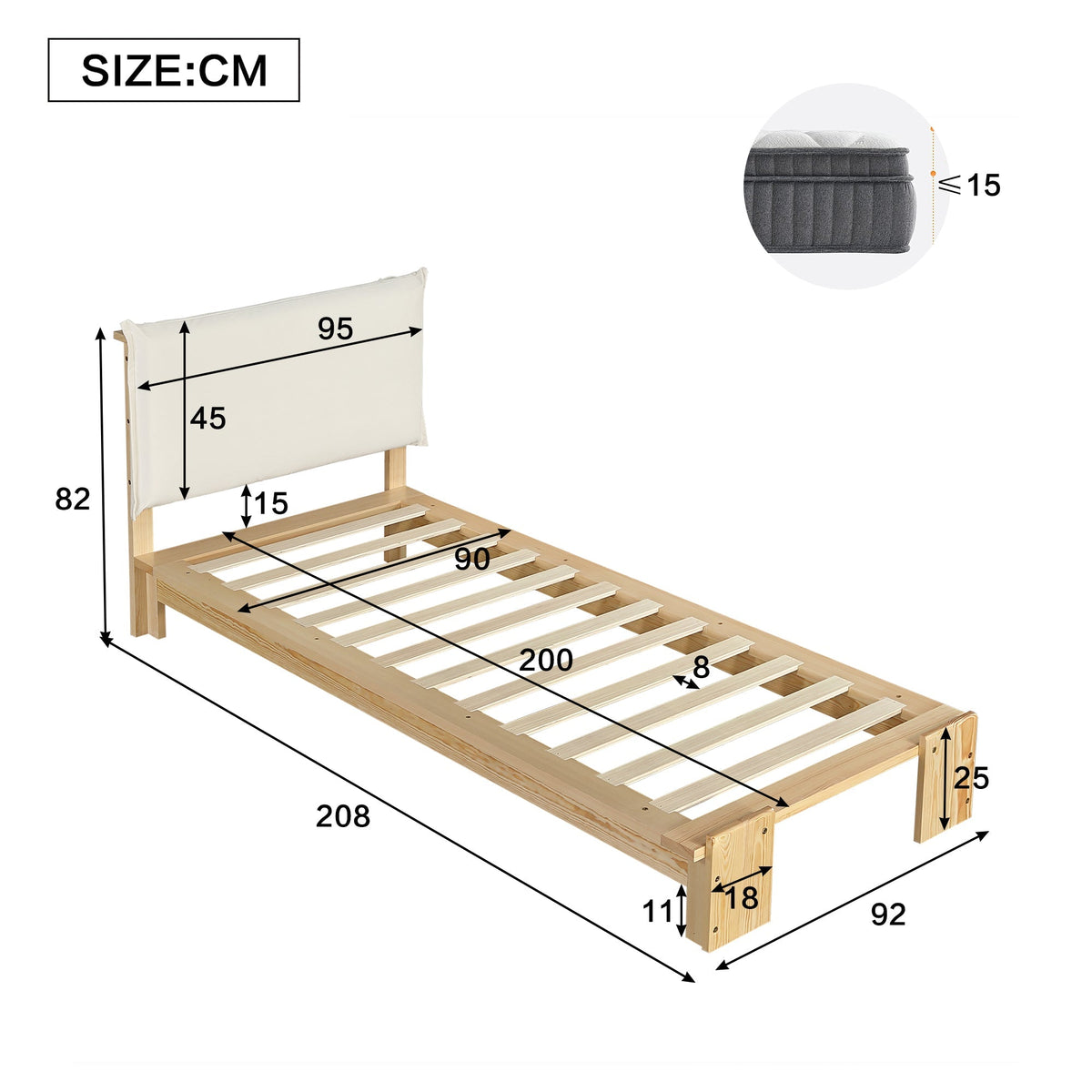 Upholstered Bed, Padded Headboard with Velcro and Sturdy Slatted Base, Pine and Plywood, Natural