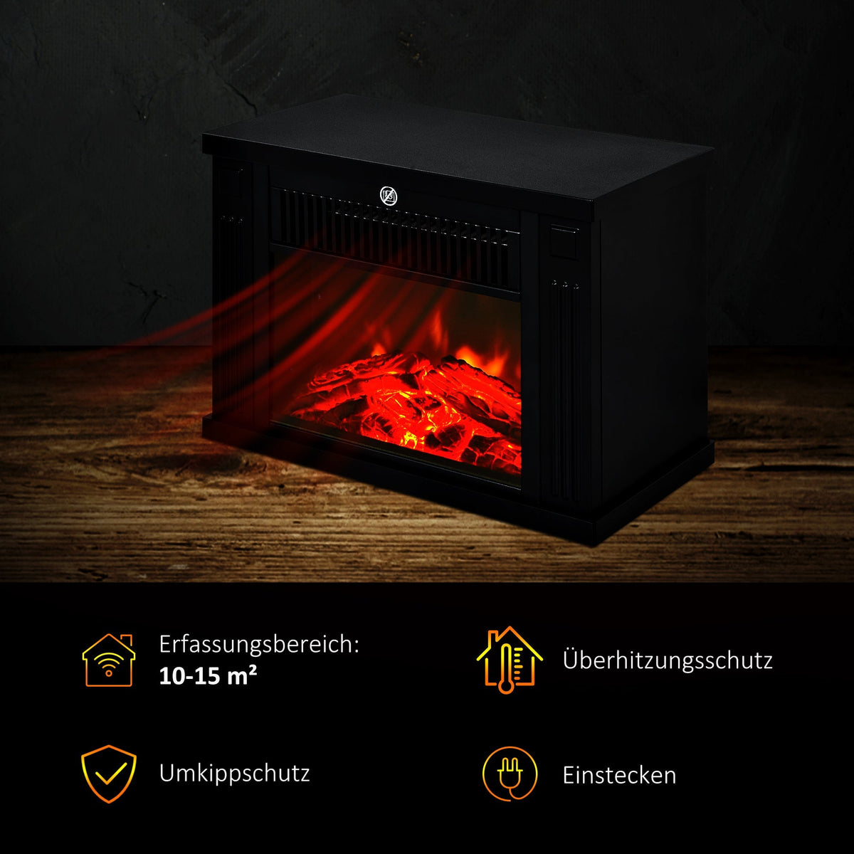 Electric Fireplace, Realistic Flame, Modern Look, Black