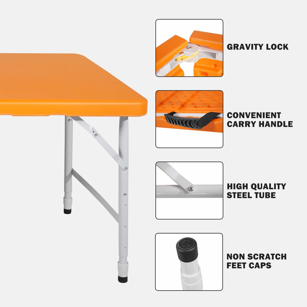 Portable Folding Table 125cm Adjustable Height, Orange