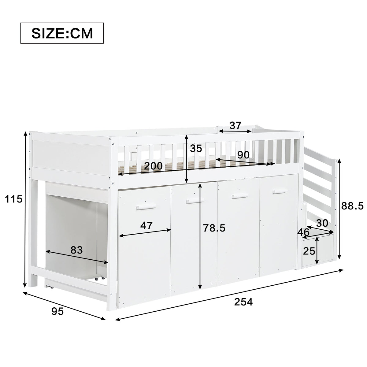 Bunk Bed, Multifunctional Children's with Desk, Wardrobe, Lockers, Pine + MDF White