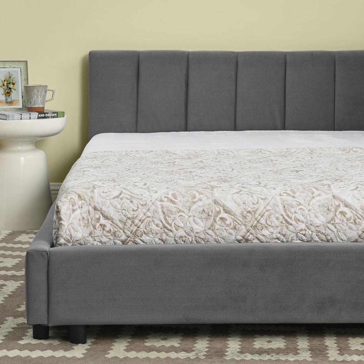 Double Bed 140x200cm High Backrest, Dark Grey Velvet