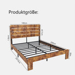 Wooden Double Bed 140x200cm High Headboard Frame, Antique Wood/Iron