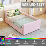 Upholstered Children's Bed 90x200cm LED USB Storage Velvet Pink