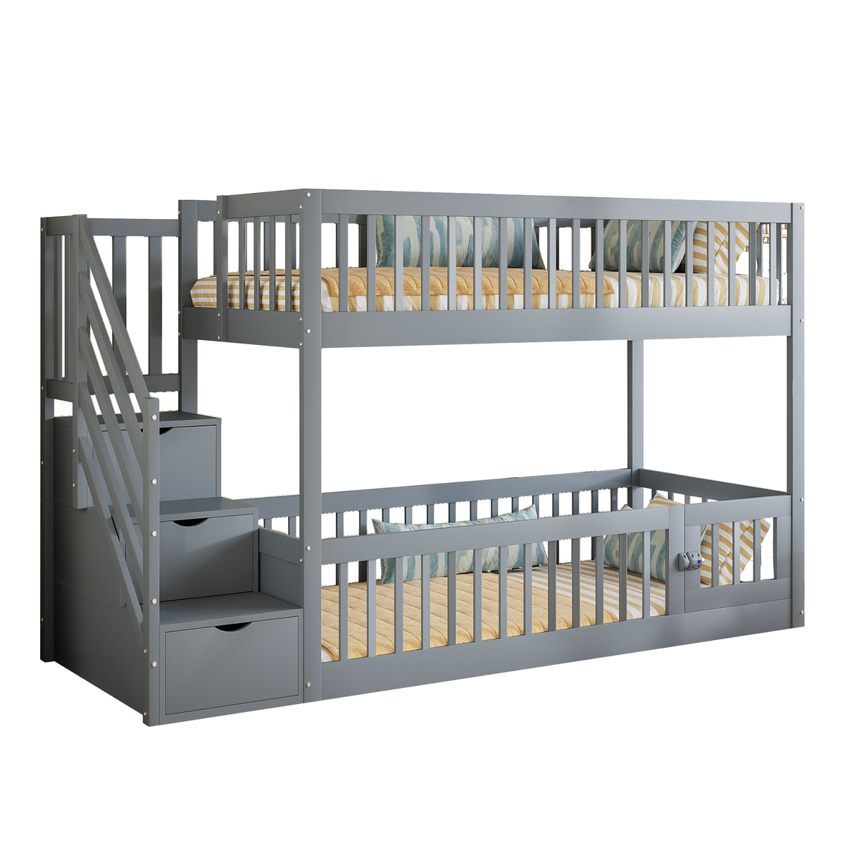 Bunk Bed 90x200 with Safety Stairs & Storage Drawers, Grey Wood