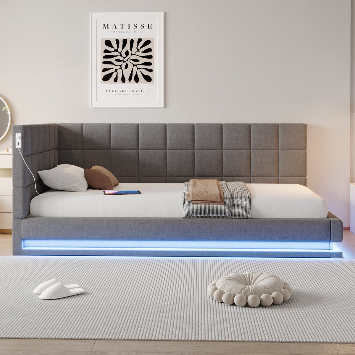 Upholstered Bed Sofa, 90x200 Multifunctional with LED & USB, Linen Fabric Grey