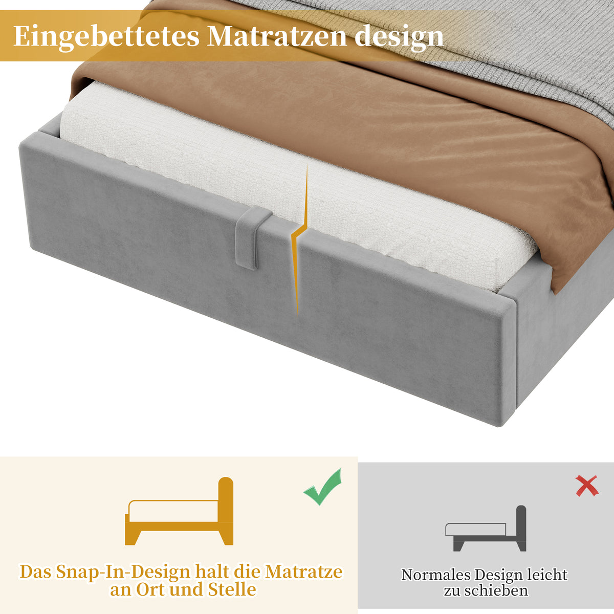 Upholstered Bed 90x200cm with Storage & USB, Grey Velvet