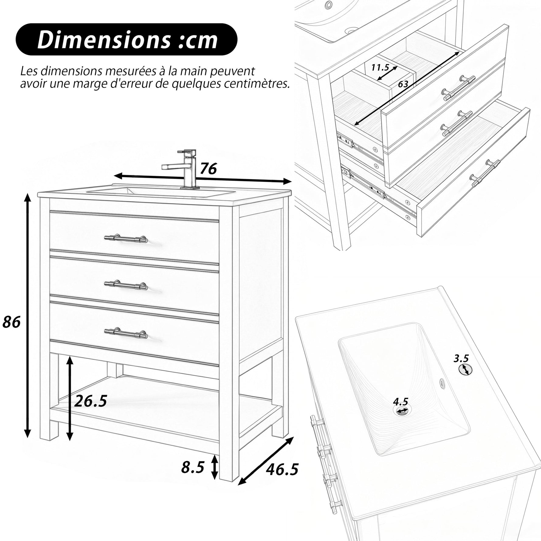 Bathroom Vanity Unit with Ceramic Sink and 2 Drawers, White and Gold