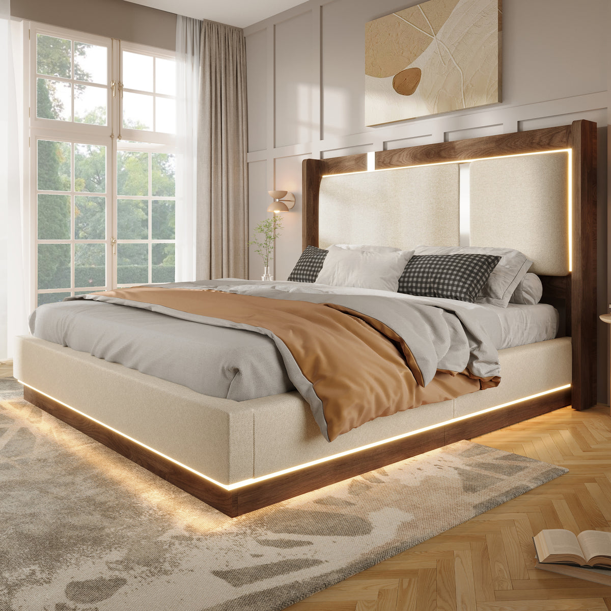 Double Upholstered Bed 140x200 with LED & Storage, Beige Linen