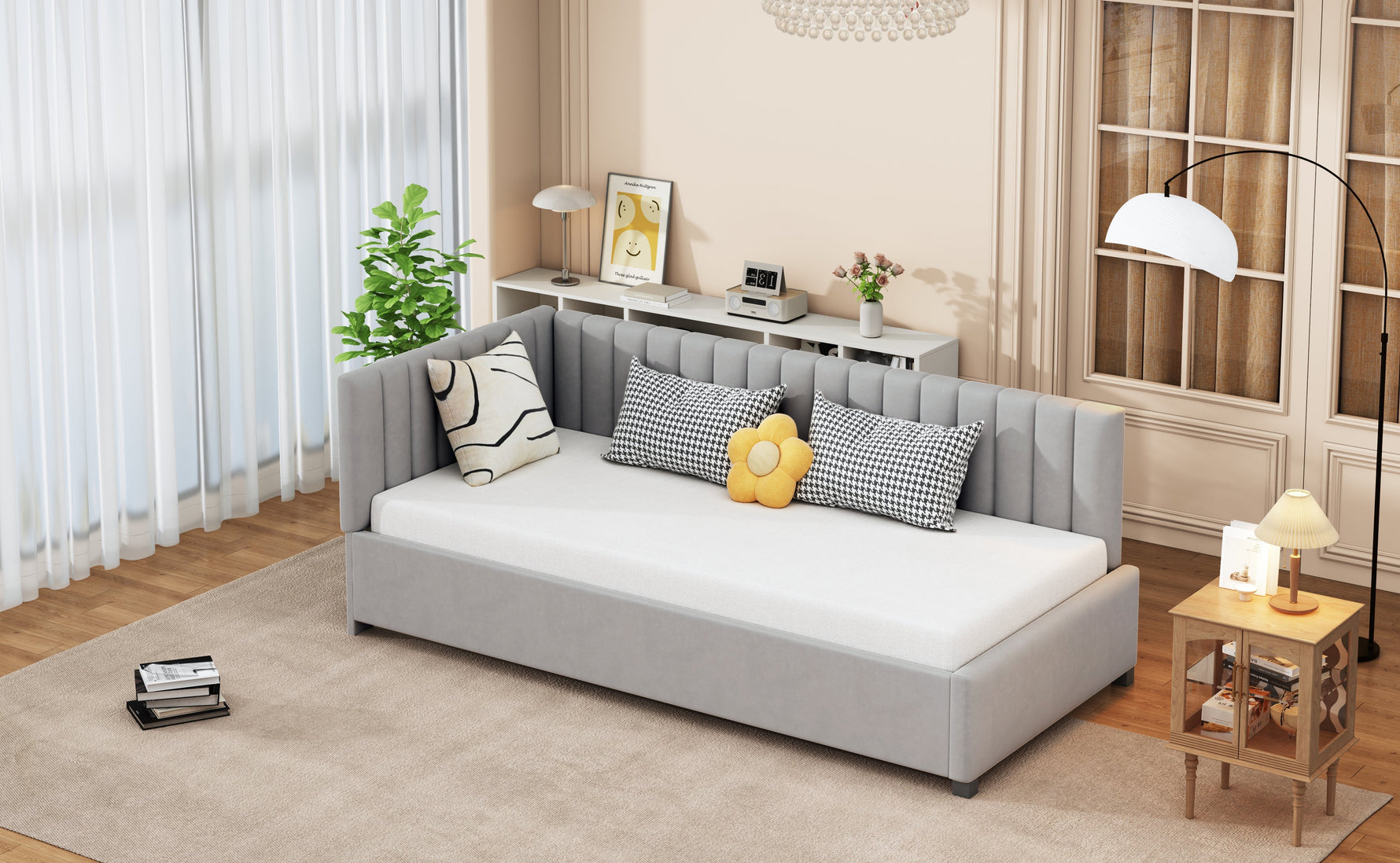 Upholstered Bed Sofa, 90x200 Multifunctional with Slatted Frame, Skin-Friendly Velvet Fabric Gray