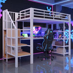 Iron Loft Bed 90x200cm with Desk, Pegboard & Storage - White