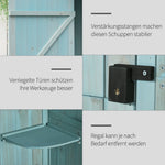garden cabinet tool shed with shelves and windows, wood in light blue and green
