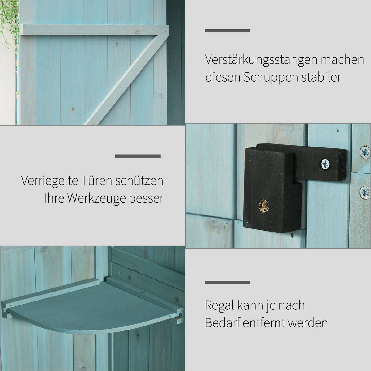 garden cabinet tool shed with shelves and windows, wood in light blue and green
