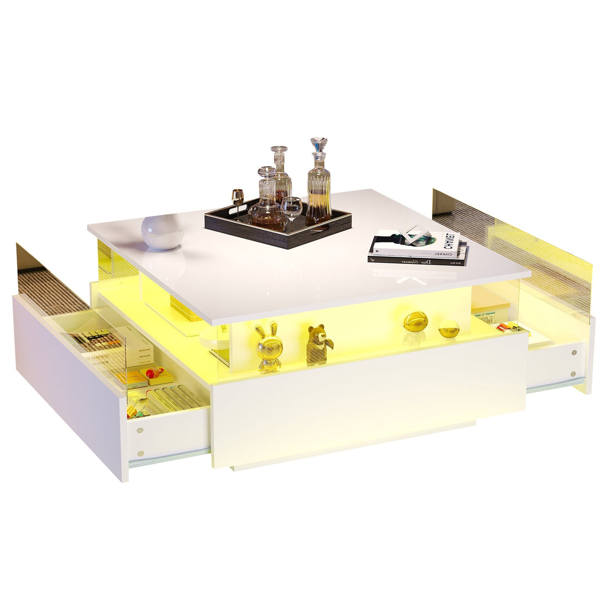 Coffee Table, Modern High-Gloss LED with 2 Drawers, Glass
