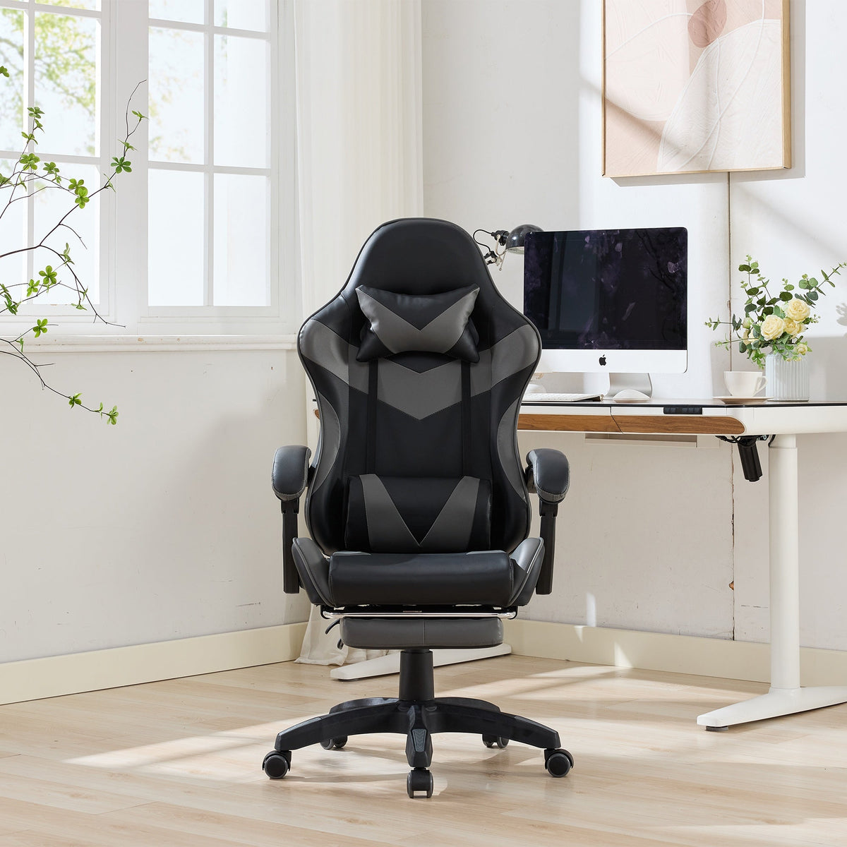 Gaming Chair Ergonomic Racing Design High-Back Adjustable Footrest & Lumbar Support Leather - Black & Grey