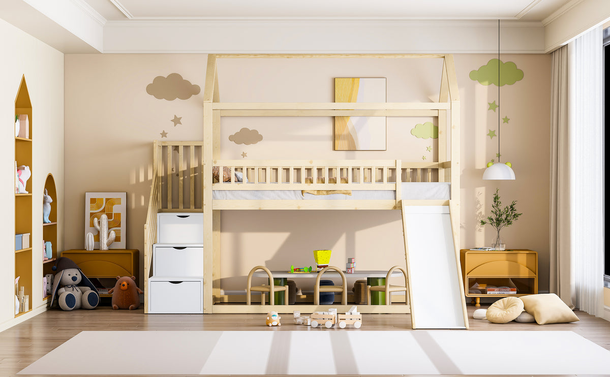 Children's Bunk Bed 90x200cm with Slide & Storage Ladder, Wood