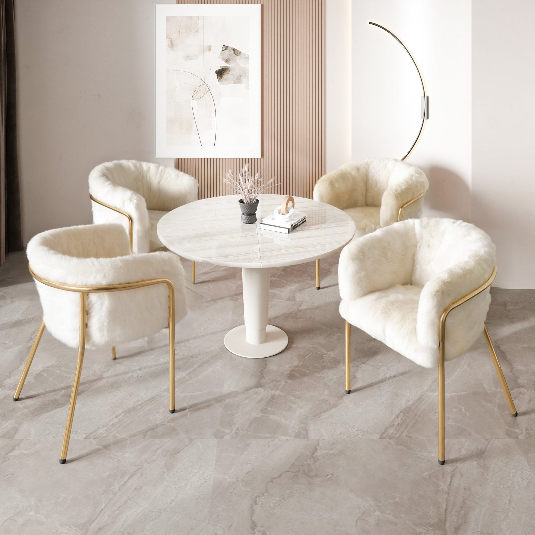 Leisure Chair, Set of 4 Dining and Dressing Chairs with Metal Legs, Beige Imitation Rabbit Down