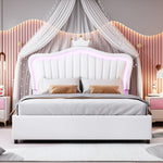 Children's Bed, Upholstered Hydraulic Storage with LED Lights, White PU Leather