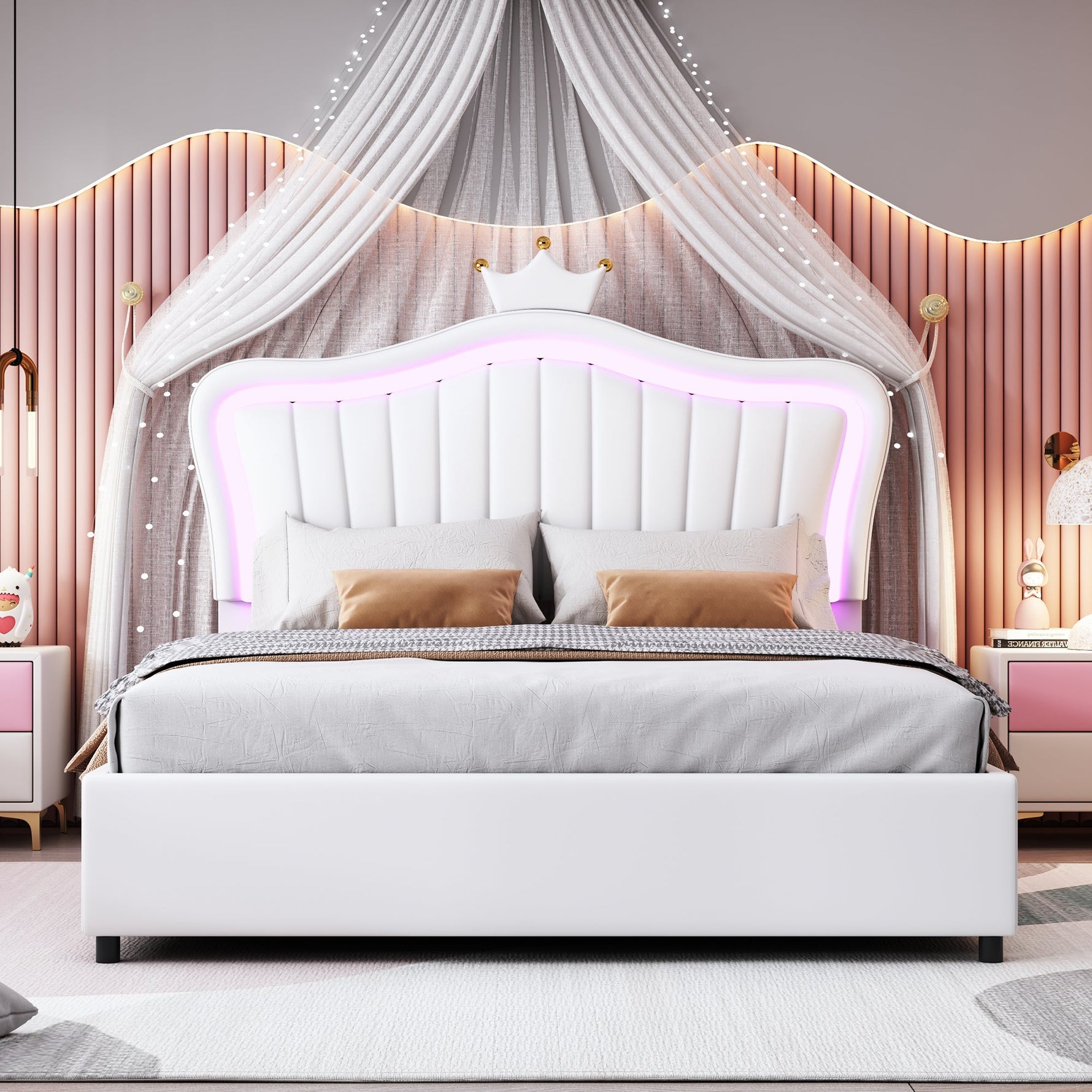 Children's Bed, Upholstered Hydraulic Storage with LED Lights, White PU Leather