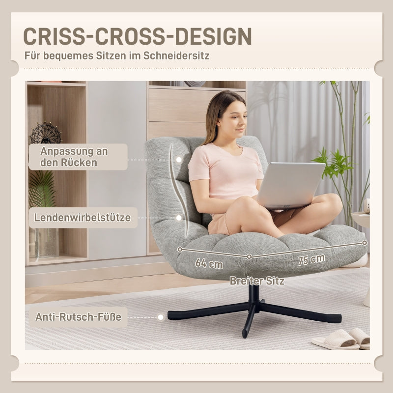 Swivel Lounge Chair with Wide Seat, Water-Repellent, Crossed Steel Legs, Light Grey