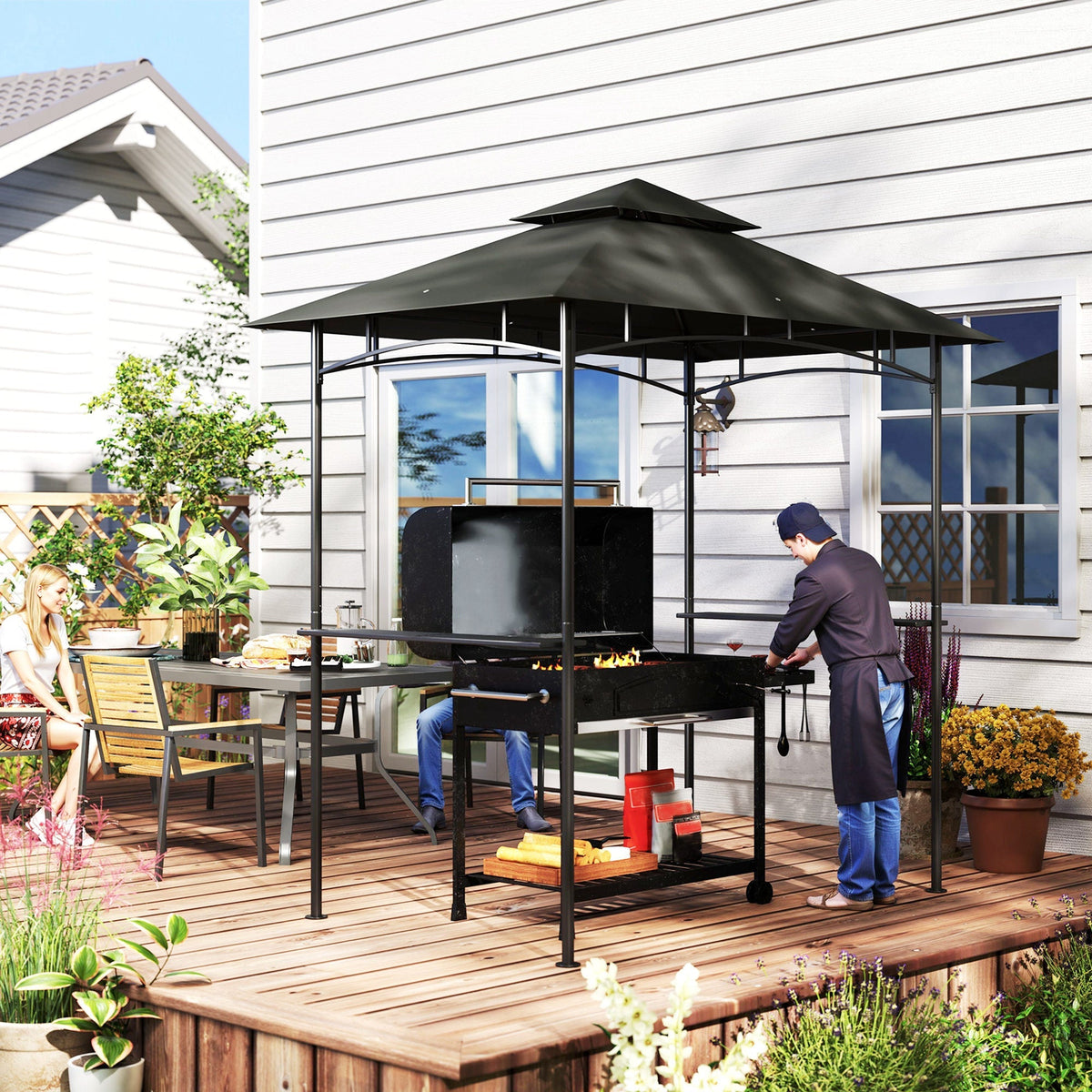 Grill Pavilion LED Lighting, 240x150x258cm, Water-Repellent, Double-Layered Roof, Side Shelves, Dark Grey